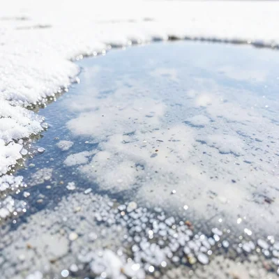 Salt crust close-up — small mineral crystals at the edge of a drying puddle, fri
