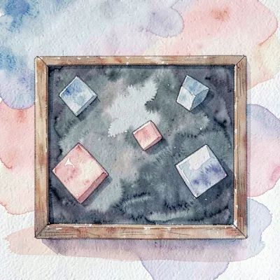 Painted scene of a chalkboard with abstract shapes drifting across, dusk pinks a