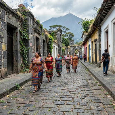 Volcano-framed colonial streets of Antigua Guatemala, Indigenous women in tradit