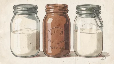 Casein illustration, mason jars of preserves , milk-based paint, vintage matte f
