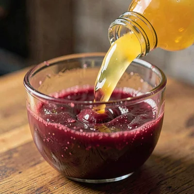 Macro square of beet juice swirling against orange juice in a bottle