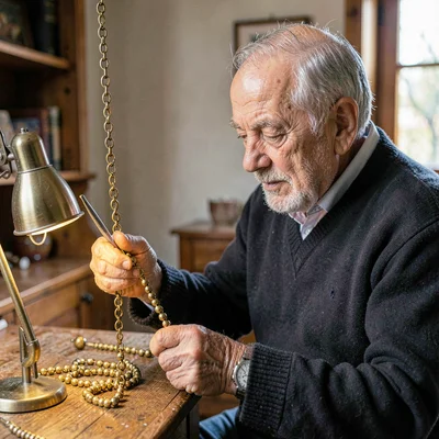 A patient Greek-Cypriot grandfather in his seventies polishing brass komboloi be