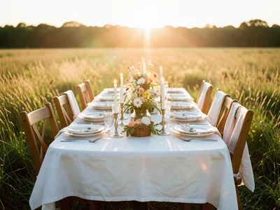A long farmhouse table set for Easter dinner outdoors in a field of tall grass, 