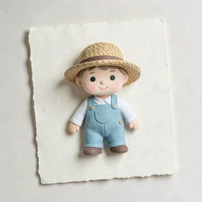 Soft pastel character sprite of a tiny farmer in overalls and a woven hat, gentl