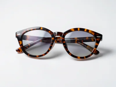 A pair of tortoiseshell sunglasses, folded, on a white surface, the lenses refle
