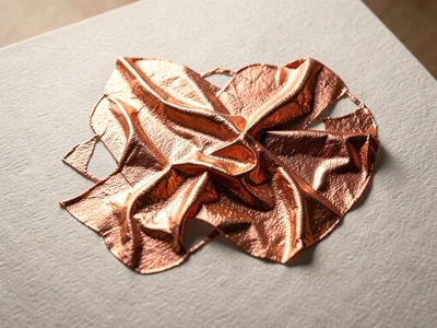 Copper foil crumpled and partially smoothed, complex topology of ridges and vall