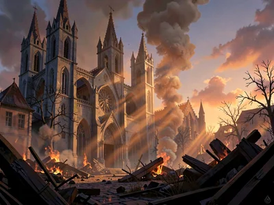 Burnt cathedral square at dusk with shafts through smoke from smouldering rubble