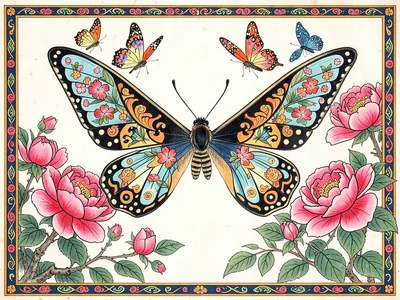 Butterflies over peony blossoms, patterns on wings echoing the petals