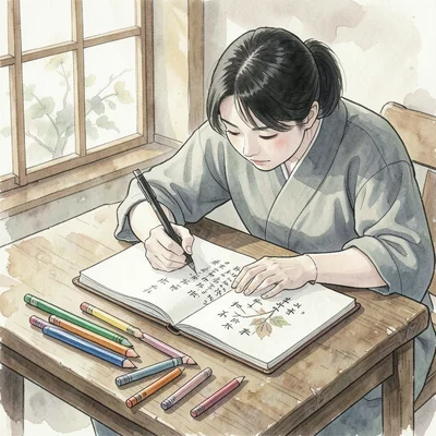 Person sketching in a notebook with colored pencils scattered around on a wooden