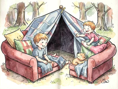 Children building cushion fort