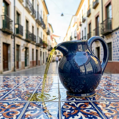 Azulejo tile geometry, Portuguese ceramic culture, A ceramic pitcher pouring oli