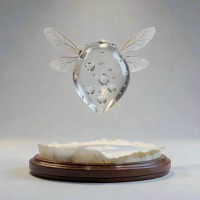 Dewdrop-sprite with translucent water-bead body and tiny dragonfly wings, hoveri