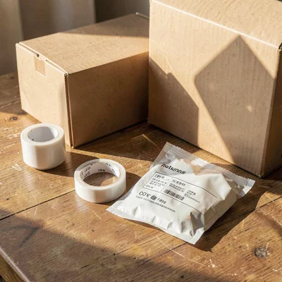 Lifestyle product photograph, Returns packaging being prepared, tape and box , n