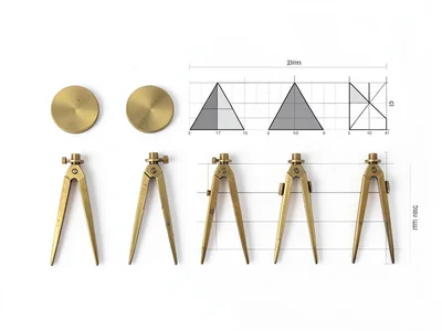 Row of drafting compasses arranged by size, brass on white background, top-down 