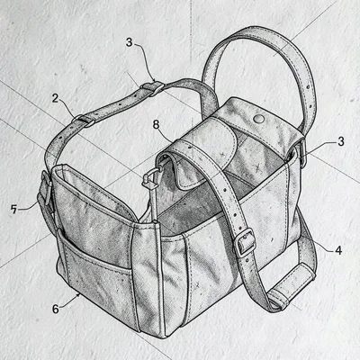 Exploded study of a weekender bag, leather panels, canvas body, hardware, strap,