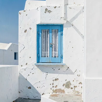 Cycladic whitewash study, Greek island lime, Blue shuttered window with white la