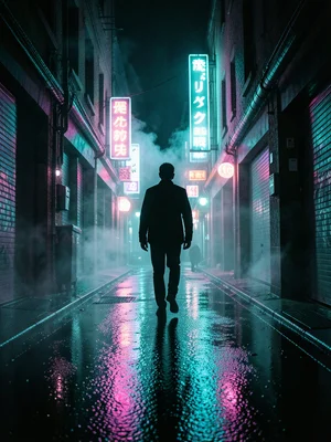 A figure walking away down a neon-lit alley, their silhouette elongated in the w