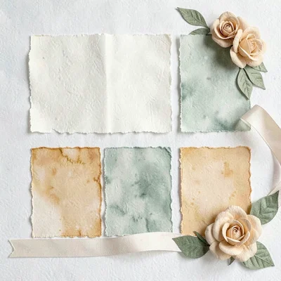 Papercraft moodboard of a wedding palette: cream, sage, ochre paper swatches wit