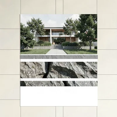 Stacked montage of an exterior render above a stone material study above a clean