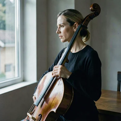Sigrid-lampline portrait of a cellist in profile holding a freshly finished cell