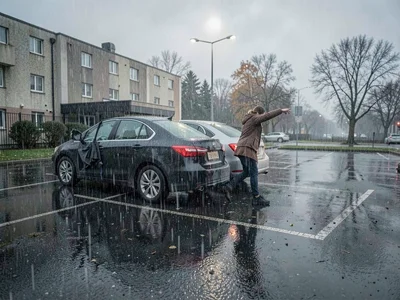 Woman discovering her car has been towed, standing in the empty parking spot, ra