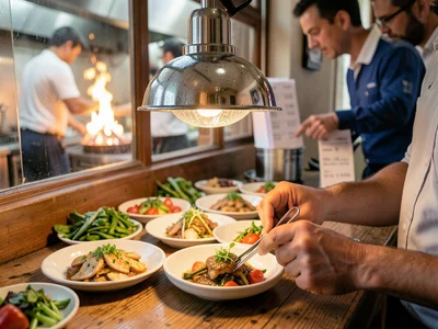 The pass at a busy restaurant during dinner service — five plates lined up under