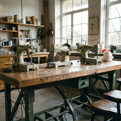 Atmospheric interior of a long bindery workbench with three sewing frames in a r