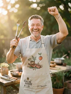 Dad in novelty grilling apron with tongs raised triumphantly, silly pose