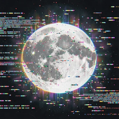 Glitch art illustration, moon with digital corruption halo , digital corruption 