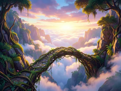 Bridge made of woven vines crossing a canyon filled with low-hanging clouds, daw