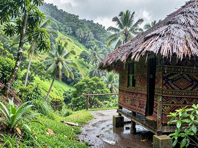 Open-air fale life in Samoa after rain, The green intensity of a Samoan hillside