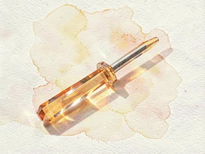 Translucent amber lowpoly screwdriver with a long faceted shaft and rounded hand
