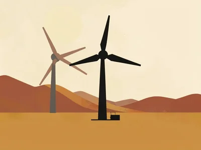 Three-blade turbine silhouette anchors a vast ochre plain under a sun-bleached c