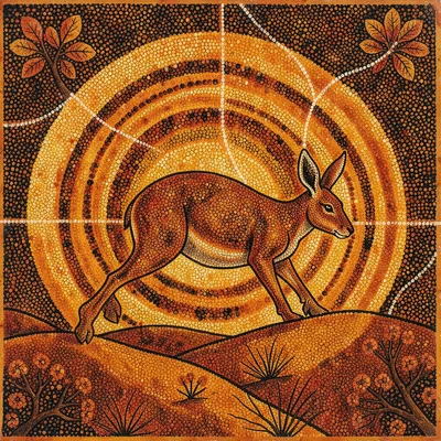 Indigenous Australian dot painting illustration, a kangaroo spirit traveling acr