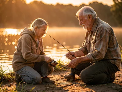 Grandfather teaching grandchild to fish