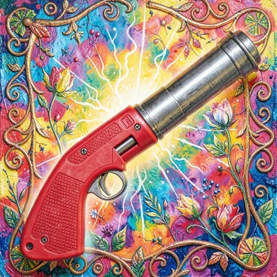 Ornate prop study of a flare gun with red plastic grip and steel barrel