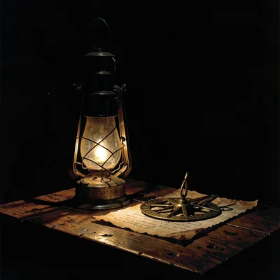 Single oil lantern resting on a heavy wooden table illuminating a brass astrolab