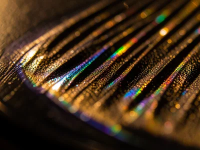 Vinyl record groove extreme macro, V-shaped channel with stereo modulation visib