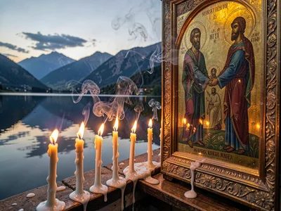 Votive candles before icon