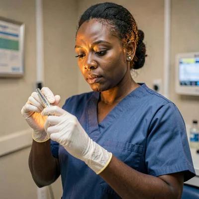 A determined Black ER nurse in her thirties pulling on gloves with a snap, lamp 
