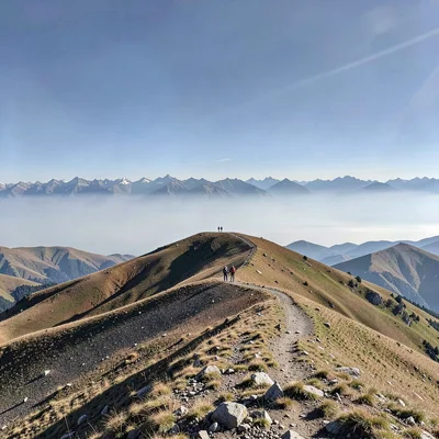 Crystal clear high-altitude light, sharp mountain air quality, Two hikers appear