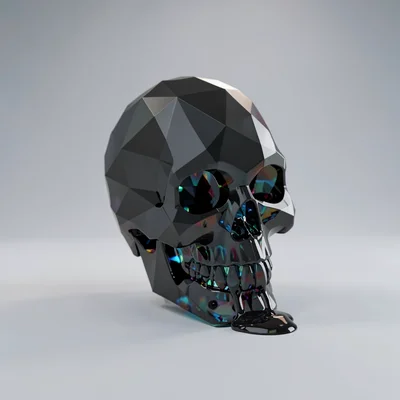 Smooth obsidian lowpoly skull trinket with crisp dark planes and tight inky caus