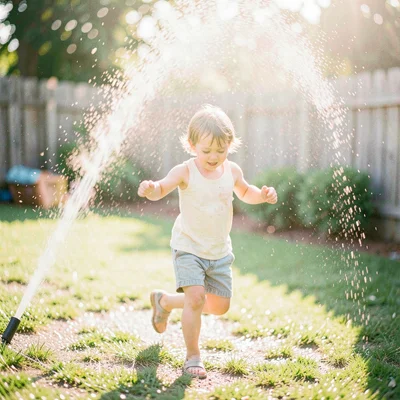 Child running through sprinklers in backyard