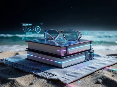 Stack of books on beach towel, sunglasses on top, ocean in background