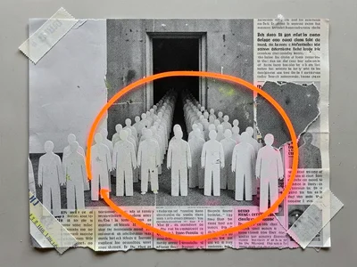A halftone collage of a long queue of paper figures funneling into a single narr