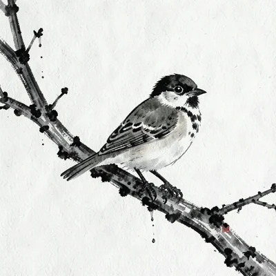 Sparrow twig sumi-e