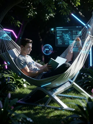 Person reading in hammock, dappled shade, summer garden, paperback