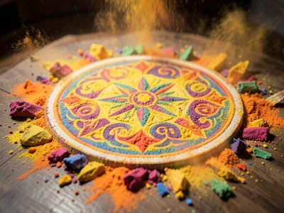 Sand mandala being intentionally destroyed, colored sand dispersing, motion blur