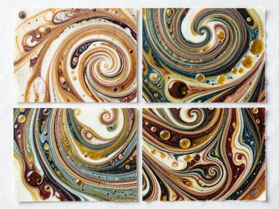 Spanish curl marbling, tight spiral patterns created by rocking the comb, dense 