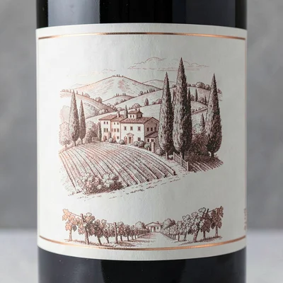 Wine label illustration, Tuscany hillside with cypress trees , elegant estate sc